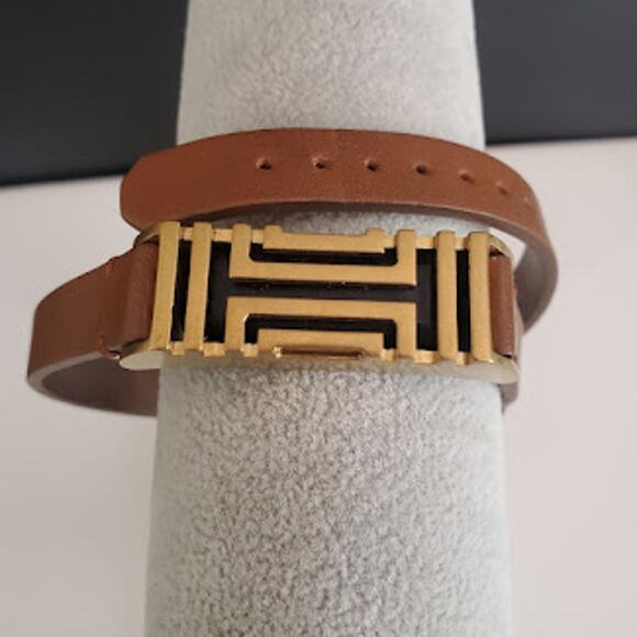 Tory Burch Fitbit Double Wrap Bracelet Gold Tone with Brown Leather Strap - Picture 2 of 7